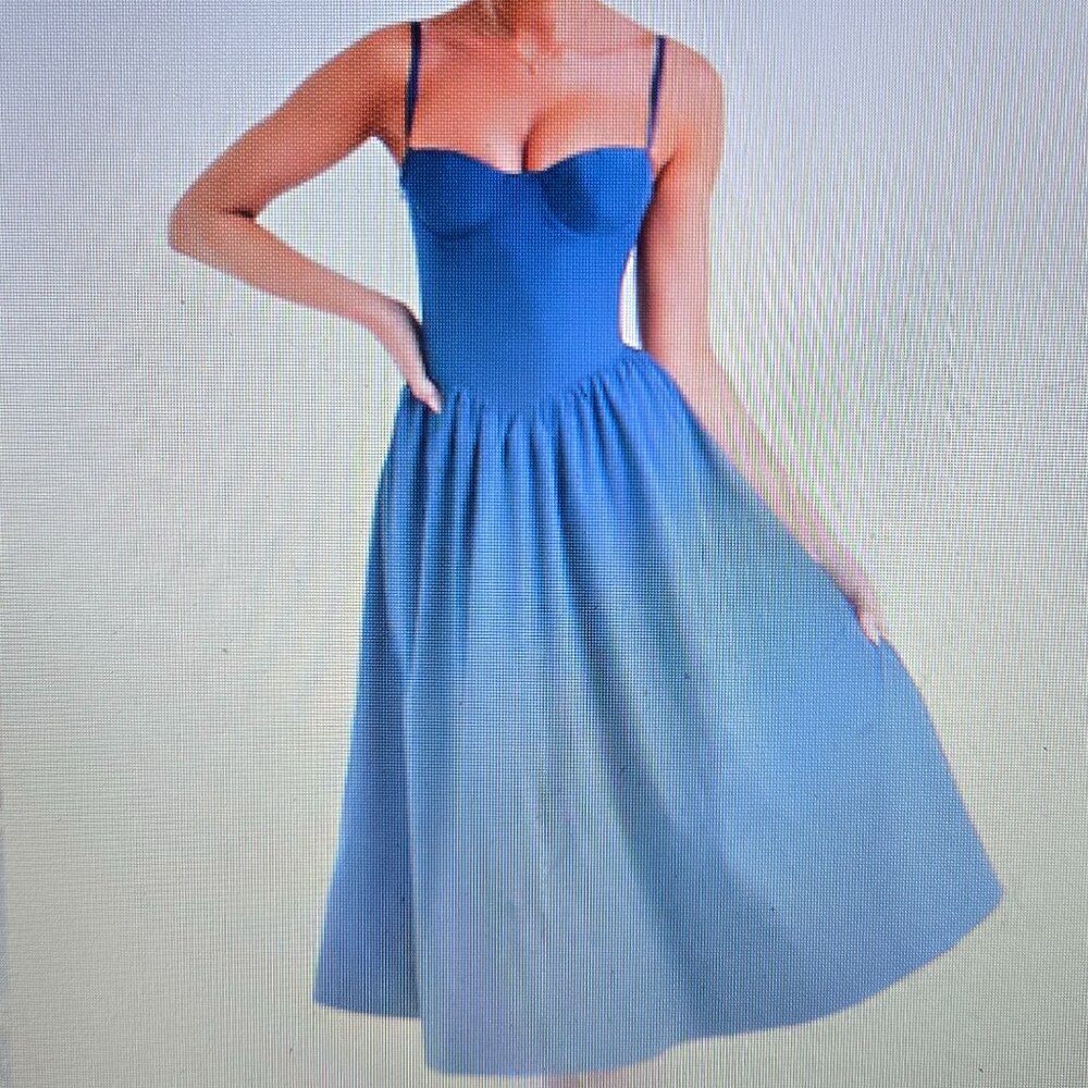 Women's Midi Dress W/ Voluminous Skirt, Adjustable Straps & Pockets  Sz: M Navy - Picture 2 of 16